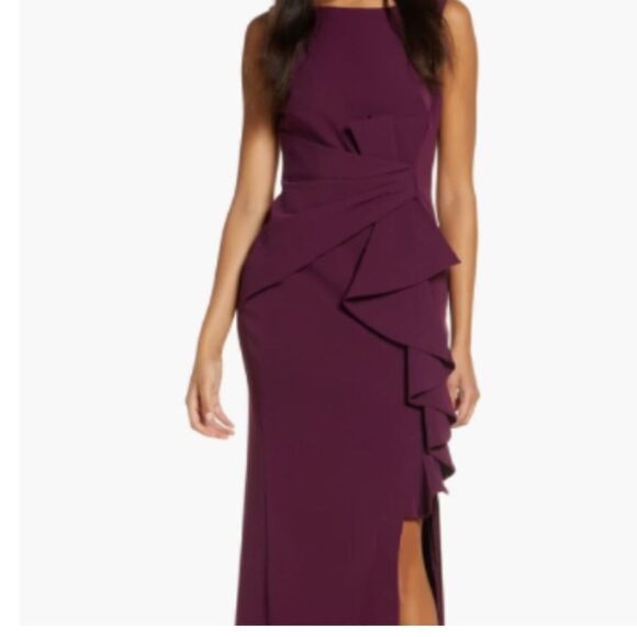 ELIZA J CASCADING RUFFLE Front PLEATED Waist EVENING GOWN Wine size 2 NWT $188 - Picture 4 of 6